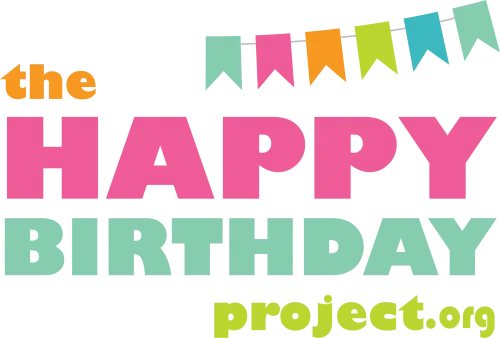 Colorful logo with text 'The Happy Birthday Project' and banner flags on top.
