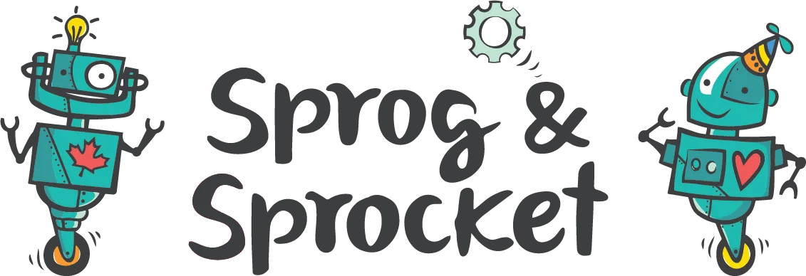 Logo featuring two cartoon robots, one with a maple leaf, one with a heart.