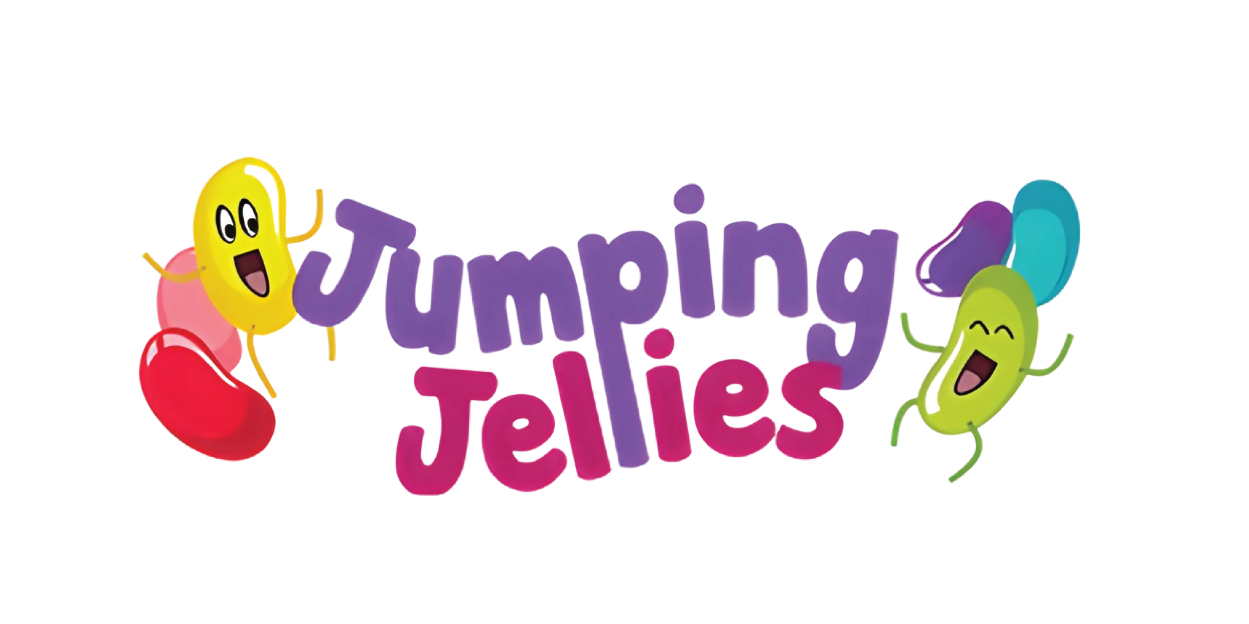 Colorful logo with smiling animated jelly beans surrounding the text 'Jumping Jellies'.