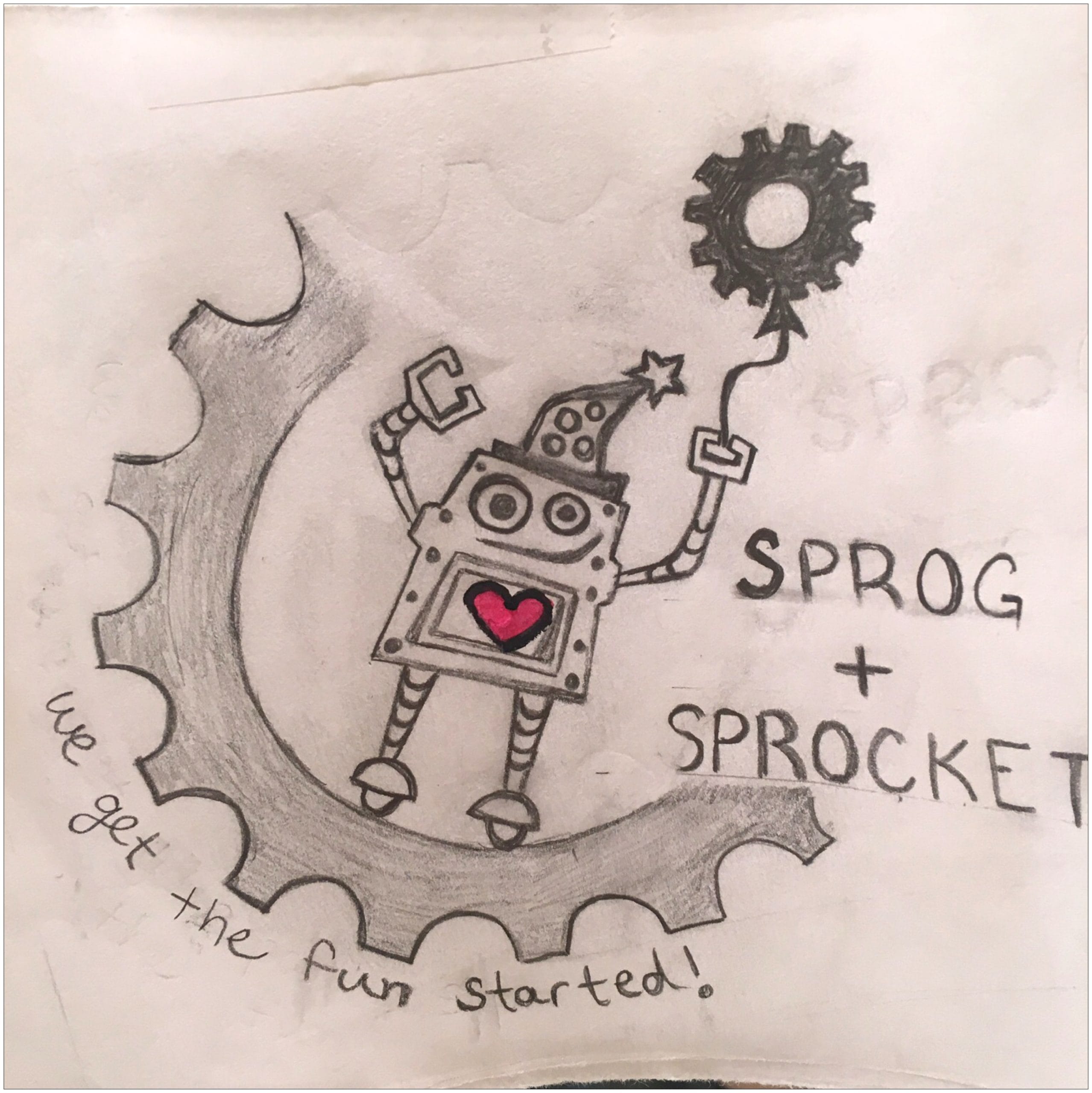 Cartoon robot with heart, holding a gear, surrounded by mechanical elements and text.