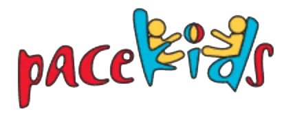 Logo featuring stylized figures with colorful text 'pace kids' in red and blue.