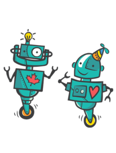 Two teal cartoon robots with wheels, featuring a maple leaf and heart emblem.