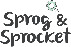Logo with stylized text 'Sprog & Sprocket' and a small gear icon.