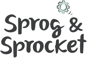 Logo with stylized text 'Sprog & Sprocket' and a small gear icon.