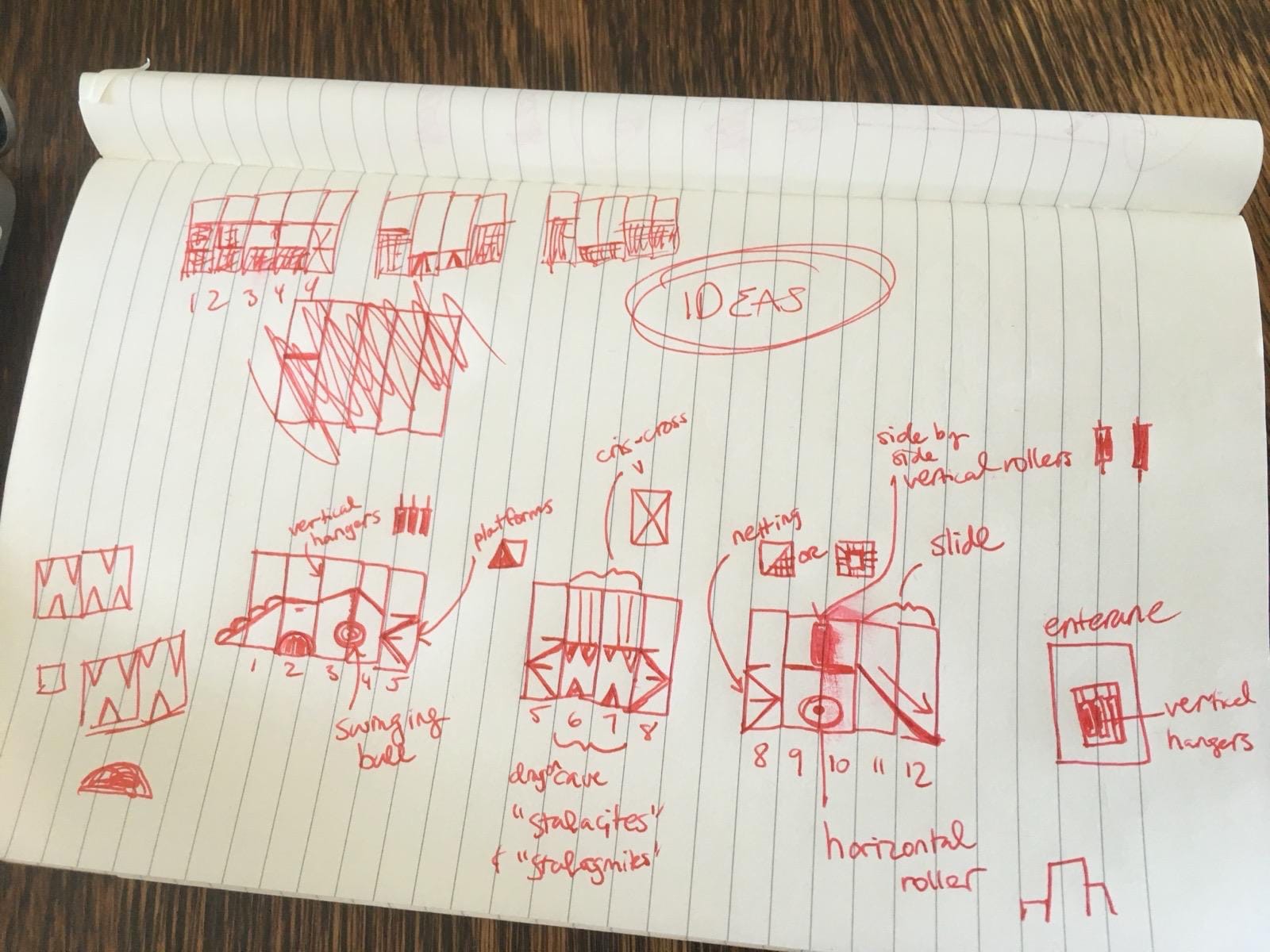 Open notebook showing red pen sketches and notes of various design concepts.