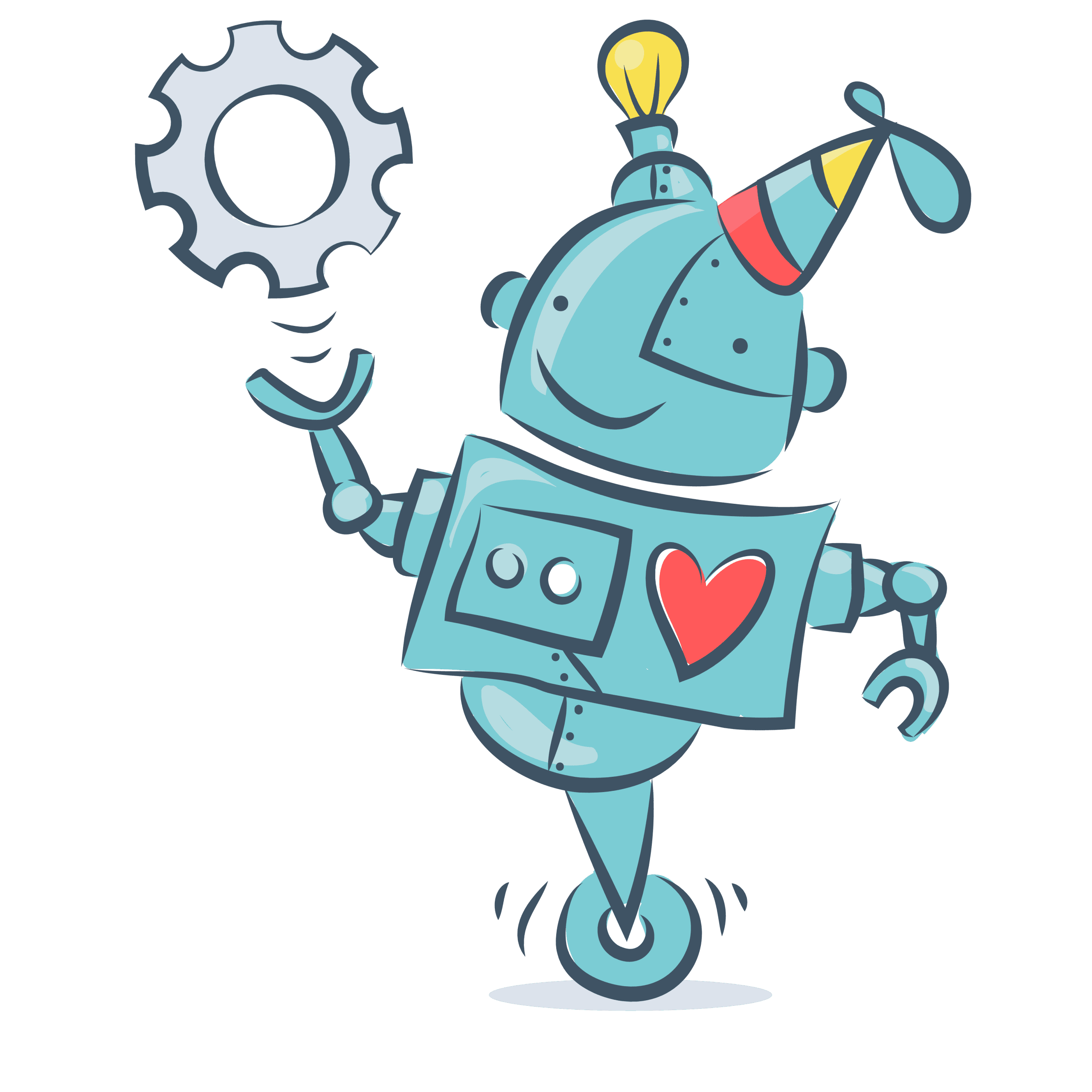 Cartoon robot with party hat holding a gear, smiling with a heart symbol.